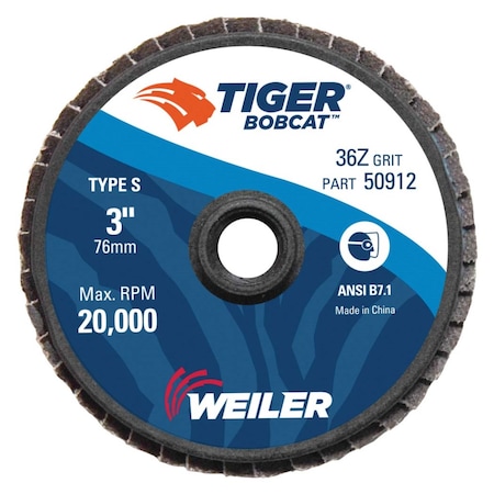 Weiler 3" BobCat Mini Abrasive Flap Disc, Flat (TY27), Type S Mount, 36Z 50912